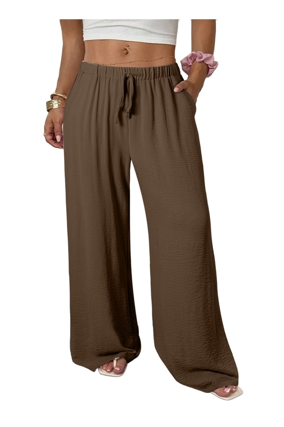 Pants for Women Plus Size Pant Wide Leg Pants Palazzo Drawstring Elastic Waist Lounge Pants Spring Summer Lightweight with Pockets Brown 4X