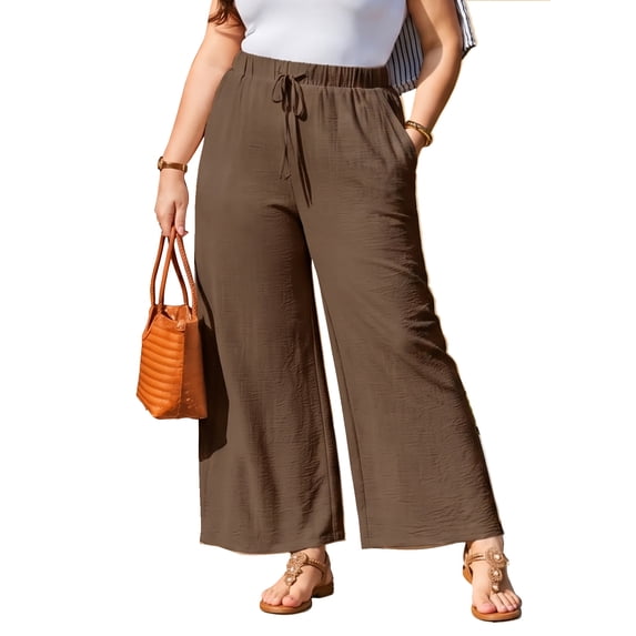 SHEWIN Womens Plus Size Pants Wide Leg Pants Palazzo Drawstring Elastic Waist Lounge Pants Spring Summer Lightweight with Pockets Brown 5X