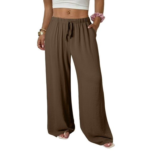 SHEWIN Womens Plus Size Pants Wide Leg Pants Palazzo Drawstring Elastic Waist Lounge Pants Spring Summer Lightweight with Pockets Brown 5X
