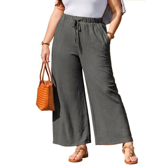 SHEWIN Womens Plus Size Pants Wide Leg Pants Palazzo Drawstring Elastic Waist Lounge Pants Spring Summer Lightweight with Pockets Gray 1X