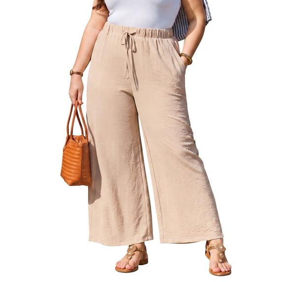 SHEWIN Womens Plus Size Pants Wide Leg Pants Palazzo Drawstring Elastic Waist Lounge Pants Spring Summer Lightweight with Pockets Khaki 4X
