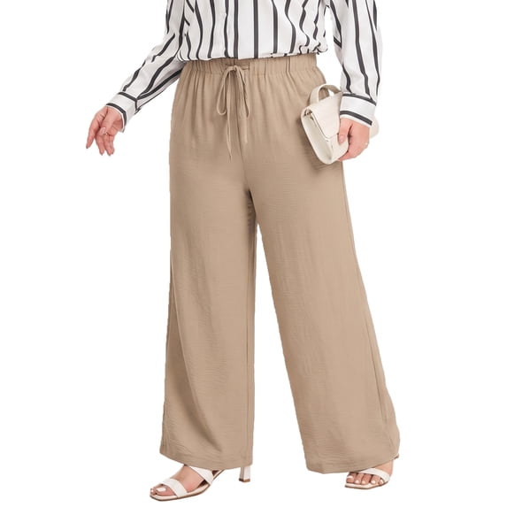 SHEWIN Womens Plus Size Pants Wide Leg Pants Palazzo Drawstring Elastic Waist Lounge Pants Spring Summer Lightweight with Pockets Khaki 4X