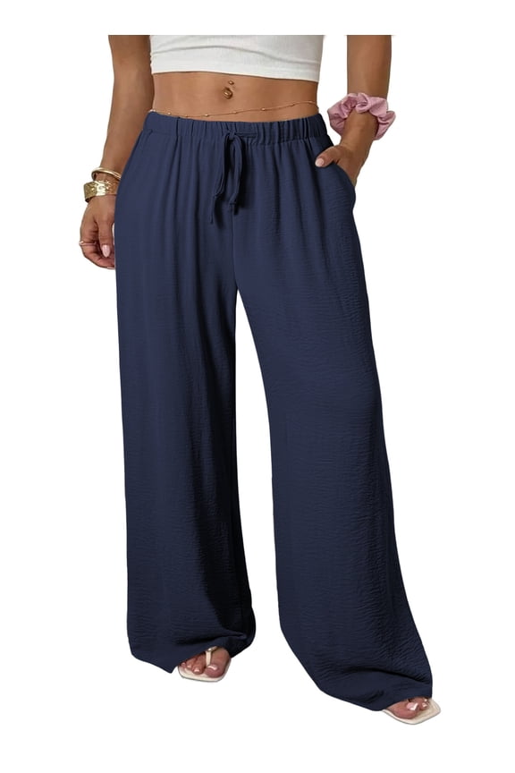 Pants for Women Plus Size Pant Wide Leg Pants Palazzo Drawstring Elastic Waist Lounge Pants Spring Summer Lightweight with Pockets Navy 4X
