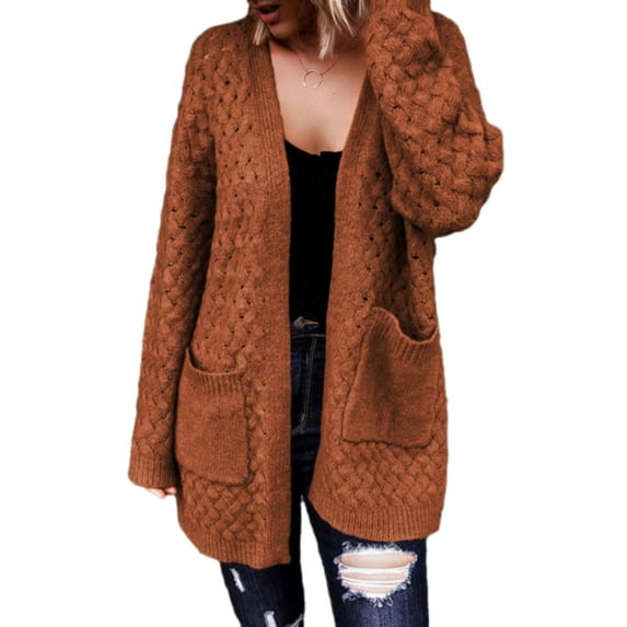 SHEWIN Plus Size Cardigans for Women Oversized Sweaters Open Front Cardigan Long Sleeve Chunky Cable Knit Fall Outwear Coat with Pockets Brown