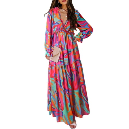 SHEWIN Plus Size Dresses for Women Boho Floral Print Maxi Dress with Long Sleeve V Neck Party Dress Spring Summer XL