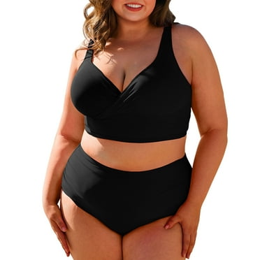 SHEWIN Plus Size High Waisted Bikini Sets Tummy Control Swimsuits 2025 Summer Beach Swim Bathing Suits Black 5X