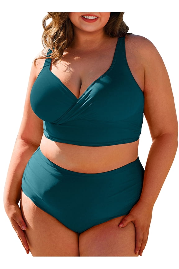 Plus Size Bikini Sets Tummy Control Swimsuits High Waisted Two Piece Swim Suit Summer Beach Bathing Suits Green 5X