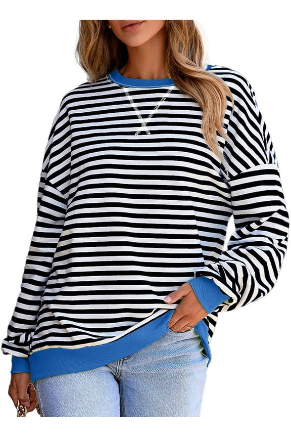 Plus Size Sweatshirt for Women Striped Color Block Pullover Fall Top Black White 2X