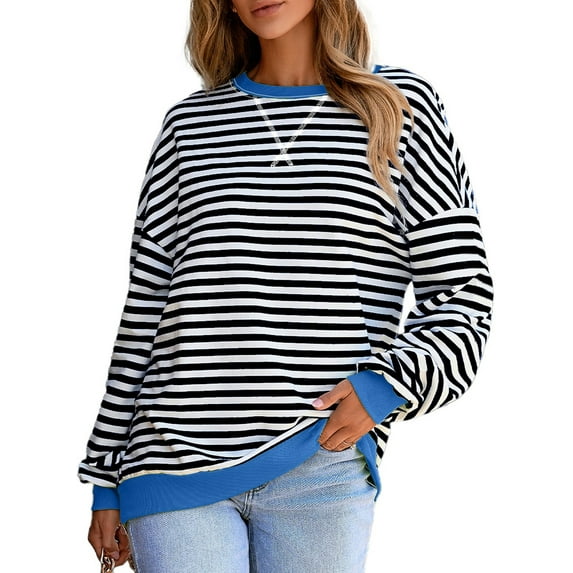 SHEWIN Plus Size Sweatshirt for Women Striped Color Block Pullover Fall Top Black White 2X