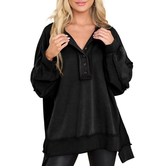 SHEWIN Plus Size Sweatshirts for Women Casual Long Sleeve Henley Neck Pullover Jumper Tops Drop Shoulder Sweatshirts Black