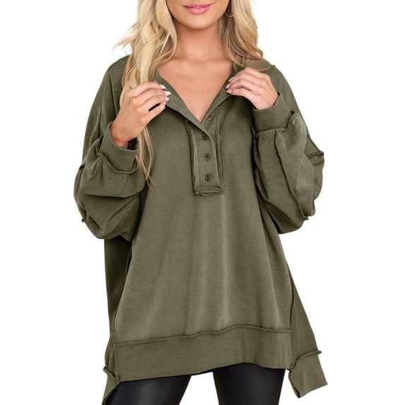 SHEWIN Plus Size Sweatshirts for Women Casual Long Sleeve Henley Neck Pullover Jumper Tops Drop Shoulder Sweatshirts Green