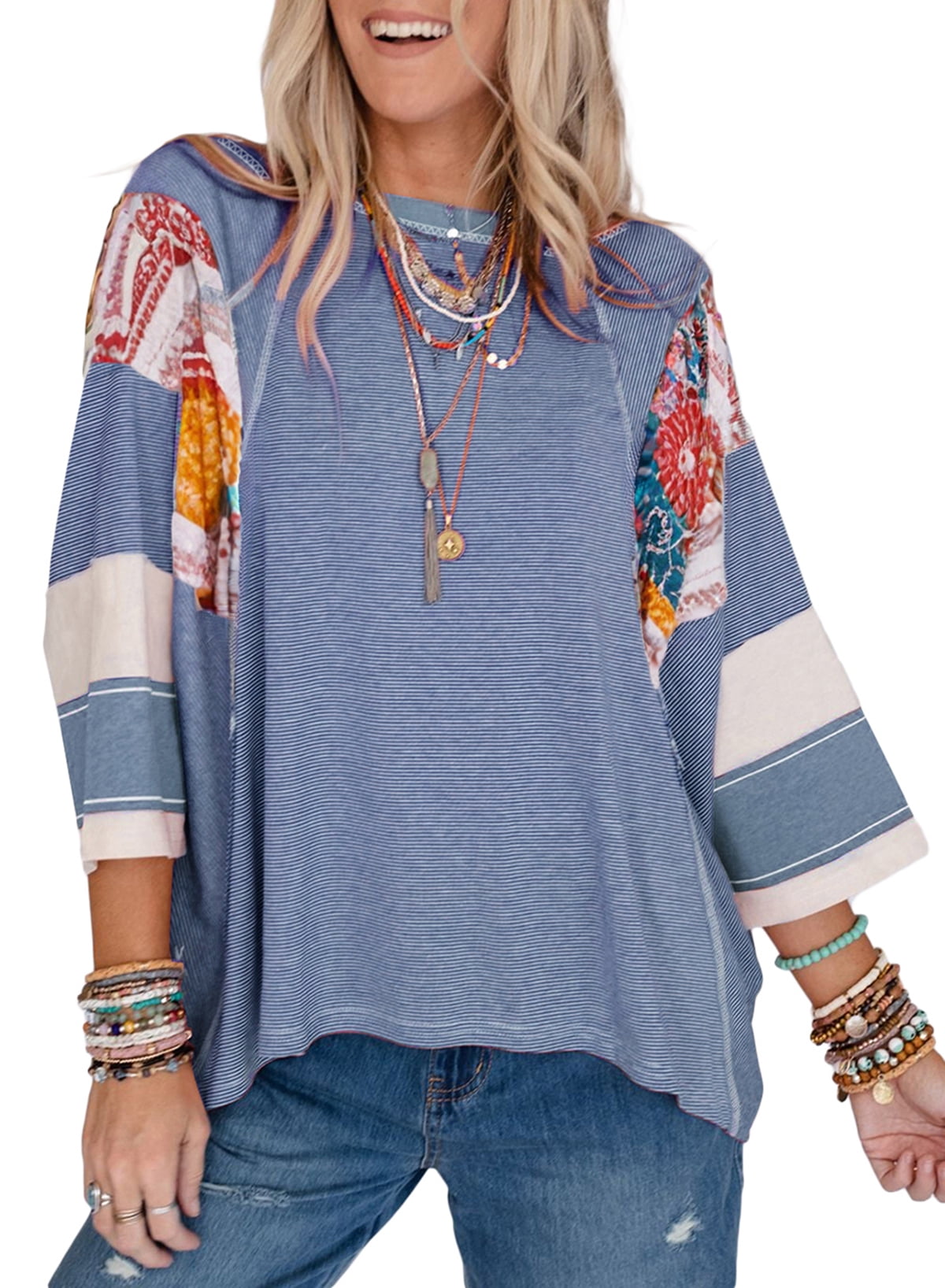 SHEWIN Women's Striped Waffle Knit Top - Casual Short Sleeve Blouse With Button Placket