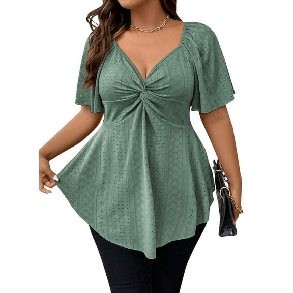 SHEWIN Plus Size Tops for Women Short Sleeve Shirts Hollow Out Basic V Neck Summer Tshirts High Elasticity Casual Tunics