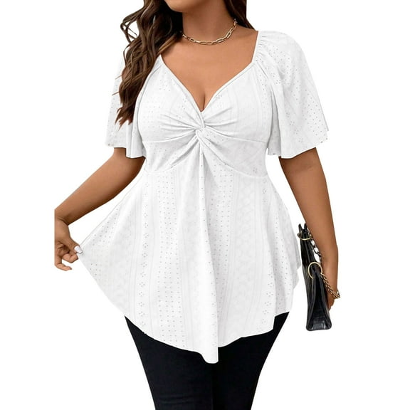 SHEWIN Plus Size Tops for Women Short Sleeve Shirts Hollow Out Basic V Neck Summer Tshirts High Elasticity Casual Tunics