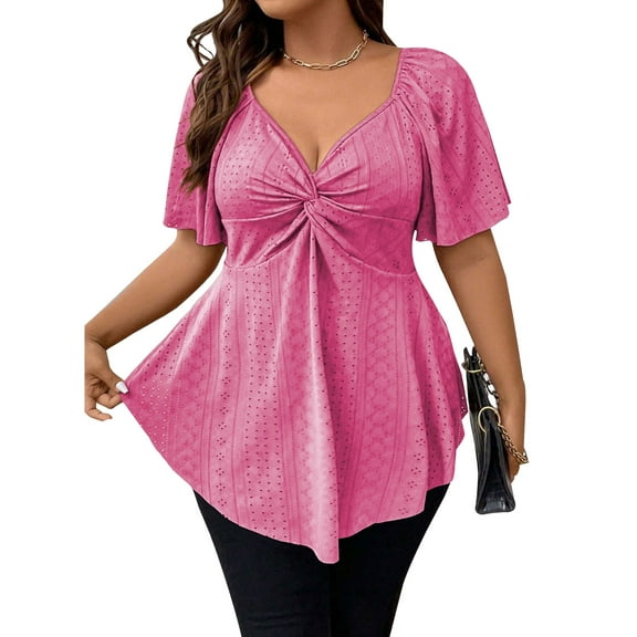 SHEWIN Plus Size Tops for Women V Neck Short Sleeve Shirts Hollow Out High Elasticity Summer Tshirts Casual Tunics