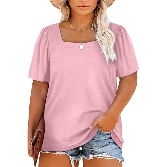 SHEWIN Women Tshirts Plus Size Tops for Women Summer Puff Sleeve T-Shirts Oversized Summer Blouse Tops Pink 5X