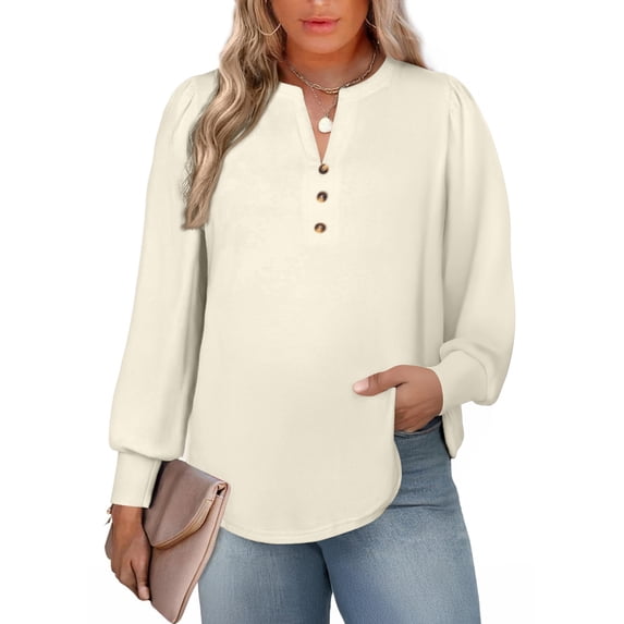 SHEWIN Plus Size Womens Tops V Neck Blouses Long Sleeve Shirts High Elasticity Lightweight Basic Tees Beige 2X