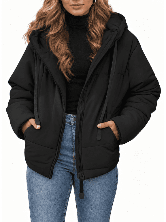 Puffer Jacket for Women Winter Warm Hooded Coat Full Zip Up Cropped Jacket with Pockets Petite