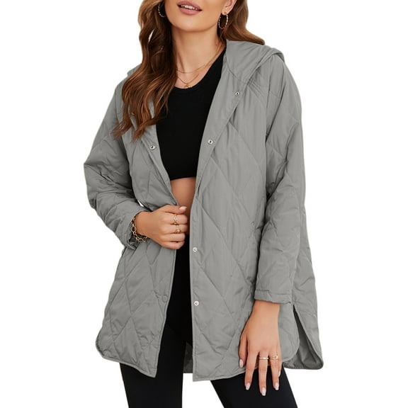 SHEWIN Lightweight Puffer Jackets for Women Hooded Quilted Jacket Fall Winter Long Coat Casual Business Button Down Outerwear