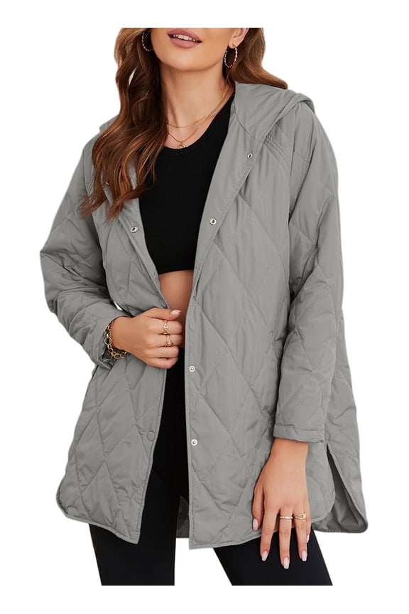 Lightweight Puffer Jackets for Women Hooded Quilted Jacket Fall Spring Long Coat Casual Business Button Down Outerwear