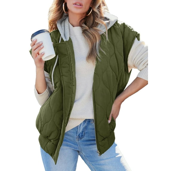 SHEWIN Puffer Vest for Women Cropped Hooded Zip Up Quilted Sleeveless Jackets Fall Lightweight Coat with Pockets