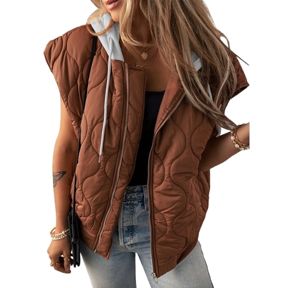 SHEWIN Puffer Vest for Women Cropped Hooded Zip Up Quilted Sleeveless Jackets Fall Lightweight Coat with Pockets