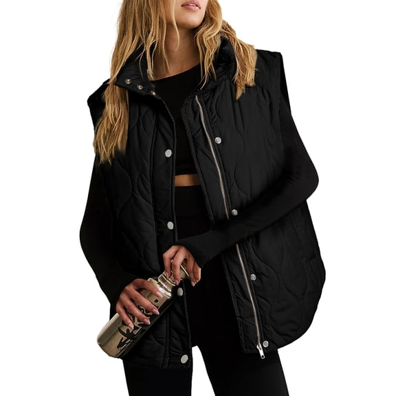 SHEWIN Puffer Jackets for Women Lightweight Cropped Puffer Vest Button Zip Up Stand Collar Sleeveless Quilted Coat Fall Winter Outerwear with Pockets Black