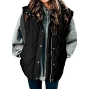 SHEWIN Puffer Jackets for Women Lightweight Cropped Puffer Vest Button Zip Up Stand Collar Sleeveless Quilted Coat Fall Winter Outerwear with Pockets Black