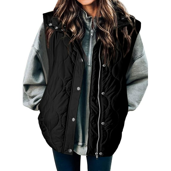 SHEWIN Womens Puffer Vest Jackets Lightweight Cropped Button Zip Up Quilted Coat Sleeveless Fall Winter Stand Collar Outerwear with Pockets Black