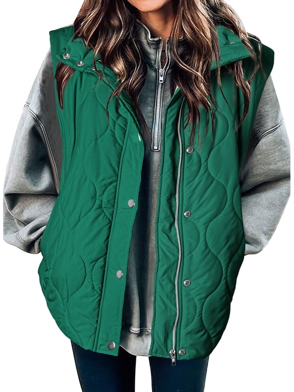 Puffer Vest for Women Lightweight Cropped Quilted Coat Button Zip Up Sleeveless Jackets Fall Spring Stand Collar Outerwear with Pockets Green