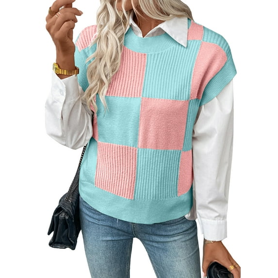 SHEWIN Pullover Sweaters for Women Sweater Vest 2025 Fall Trendy Crewneck Color Block Knit Tops Short Sleeve Sweater for Women Cap Sleeve Sweater Vest Light Pink S