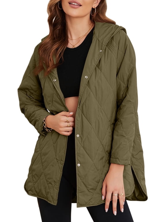 Lightweight Puffer Jackets for Women Hooded Quilted Jacket Fall Spring Long Coat Casual Business Button Down Outerwear