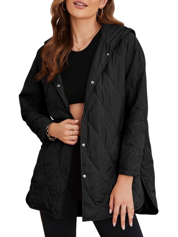 Lightweight Puffer Jackets for Women Hooded Quilted Jacket Fall Winter Long Coat Casual Business Button Down Outerwear