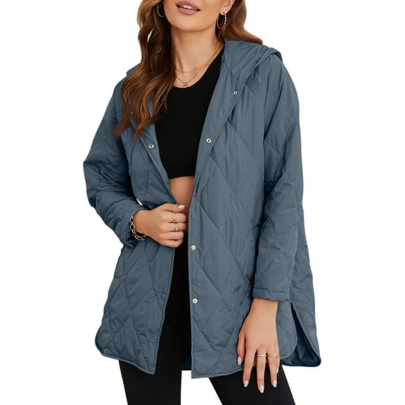 SHEWIN Lightweight Puffer Jackets for Women Hooded Quilted Jacket Fall Winter Long Coat Casual Business Button Down Outerwear