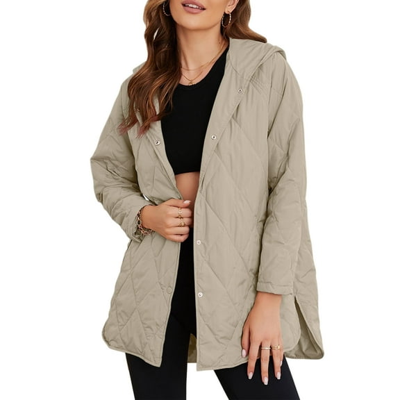SHEWIN Lightweight Puffer Jackets for Women Hooded Quilted Jacket Fall Winter Long Coat Casual Business Button Down Outerwear