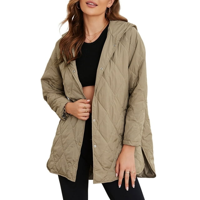 SHEWIN Lightweight Puffer Jackets for Women Hooded Quilted Jacket Fall Spring Long Coat Casual Business Button Down Outerwear