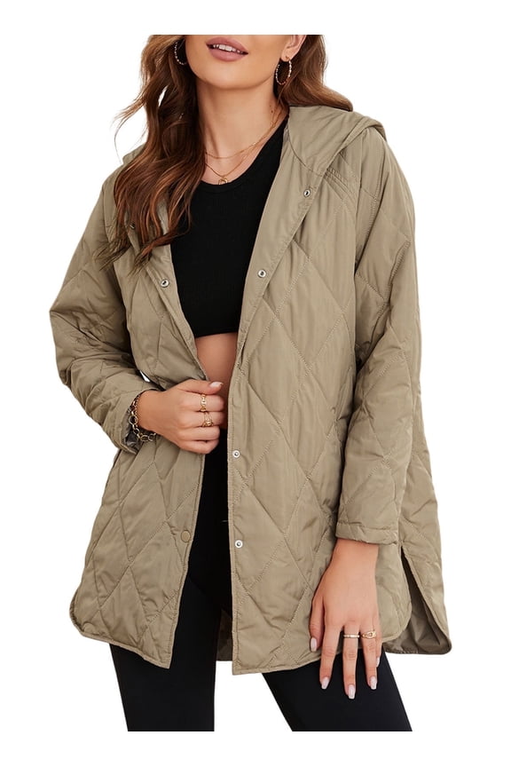 Lightweight Puffer Jackets for Women Hooded Quilted Jacket Fall Spring Long Coat Casual Business Button Down Outerwear