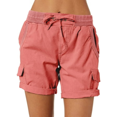 SHEWIN Shorts for Women Drawstring Cargo Elastic Waist Summer Shorts Beachwear Solid Color Baggy Cotton Linen Short Pants S-2XL