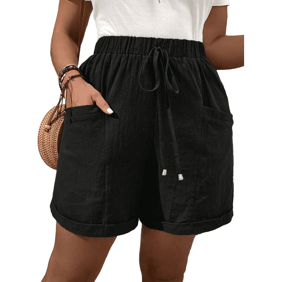 SHEWIN Shorts for Women Plus Size Cotton Shorts Elastic Waist Drawstring Mid-Rise Wide Leg Shorts Summer Bottoms Black 1X