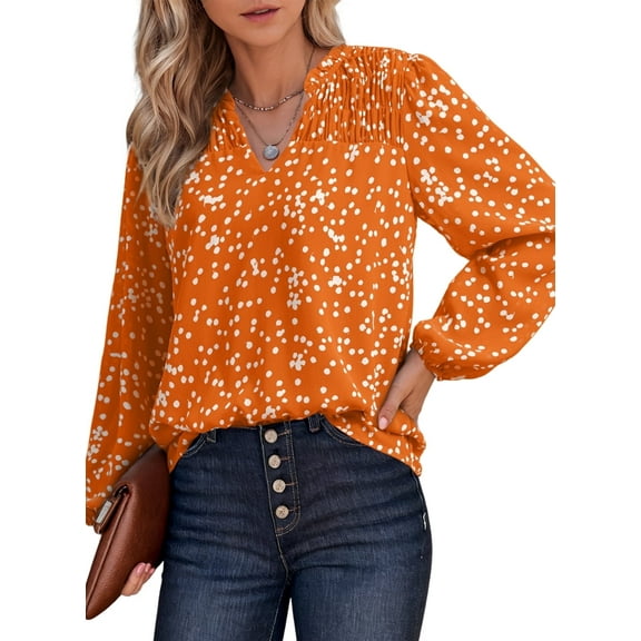 SHEWIN Smocked Tops for Women Casual V Neck Boho Floral Print Chiffon Blouses Puff Long Sleeve Shirt Orange S