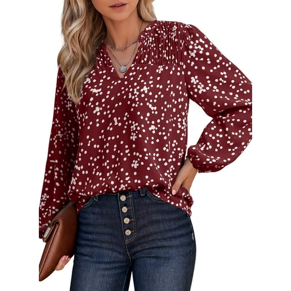 SHEWIN Smocked Tops for Women Long Sleeve Casual V Neck Chiffon Blouses Boho Floral Print Tunic Tops XL