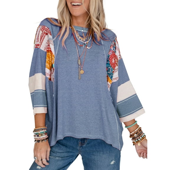 SHEWIN Striped Shirts for Women Spring Summer Boho Tops Crew Neck Oversized Floral Printed 3/4 Length Sleeve Patchwork Blouse Blue
