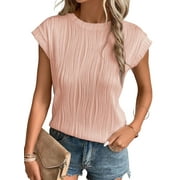 SHEWIN Summer Clothes for Women Short Sleeve Womens Tops Casual Crew Neck T-shirts Tee Shirts Textured Knitted Tunic Blouses Pink