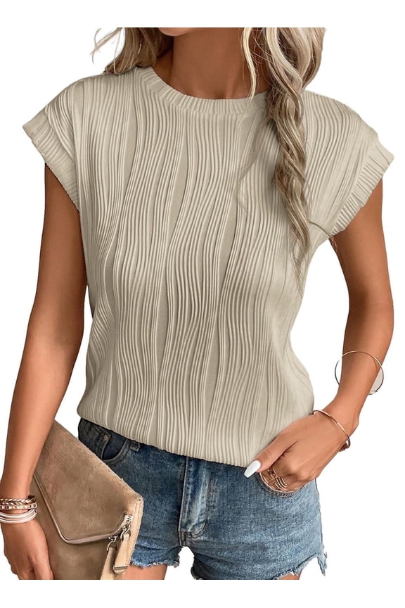 Summer Tops for Women Textured Knitted Shirts Casual Cap Sleeve Dressy Tunic Blouses T Shirts Apricot