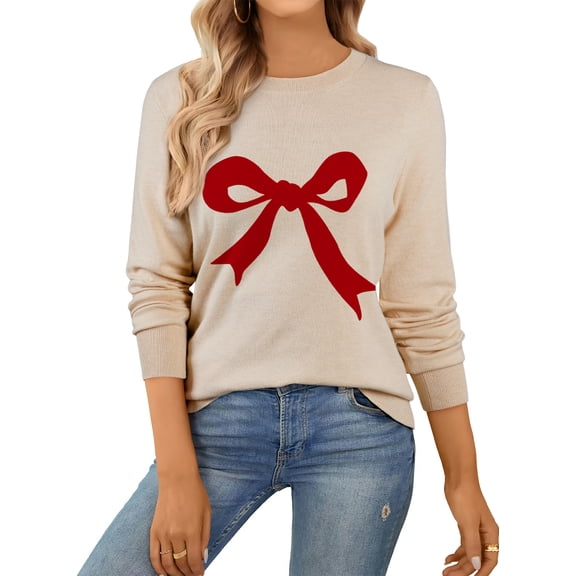 SHEWIN Sweaters for Women Trendy Wool Blend Sweater with Bow Graphic Lightweight Long Sleeve Crewneck Knit Pullover Tops