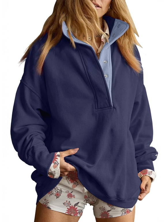 Sweatshirt for Women Oversized Casual Long Sleeve Quarter Button Henley Neck Pullover Tops Fall Winter Fleece Lining Outfits Clothes