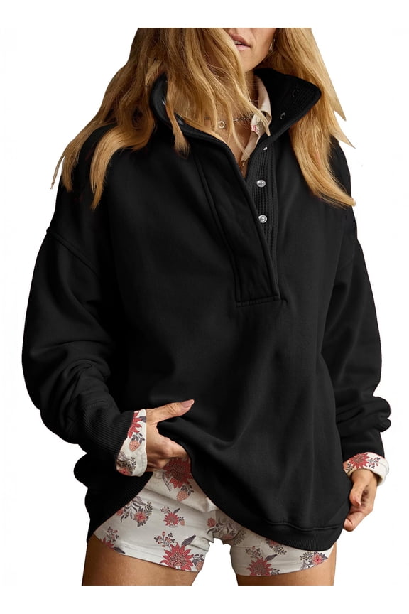 Sweatshirt for Women Oversized Casual Long Sleeve Quarter Button Henley Neck Pullover Tops Fall Winter Fleece Lining Outfits Clothes