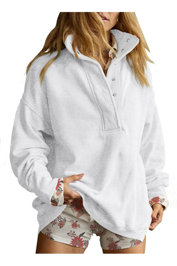 Sweatshirt for Women Oversized Casual Long Sleeve Quarter Button Henley Neck Pullover Tops Fall Winter Fleece Lining Outfits Clothes