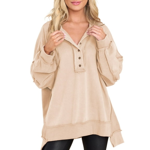 SHEWIN Sweatshirts Women Oversized Pullover Tops Plus Size Long Sleeve Button Henley Neck Sweatshirts for Women Patchwork Shirts Apricot