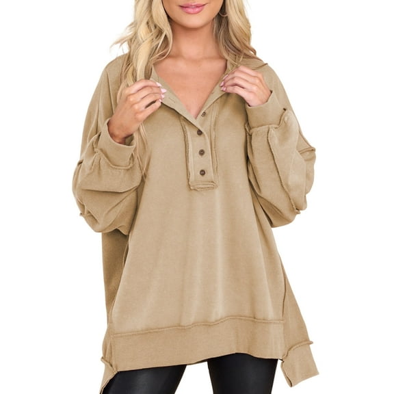 SHEWIN Sweatshirts for Women Half Button Oversized Pullover Sweatshirt Casual V Neck Fall Lightweight Patchwork Solid Color Tops Shirts Khaki